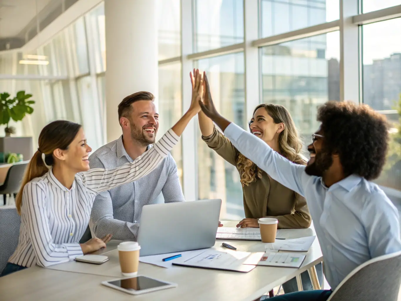 An image showcasing a team celebrating a successful project completion, highlighting the positive outcomes of performance improvement training.