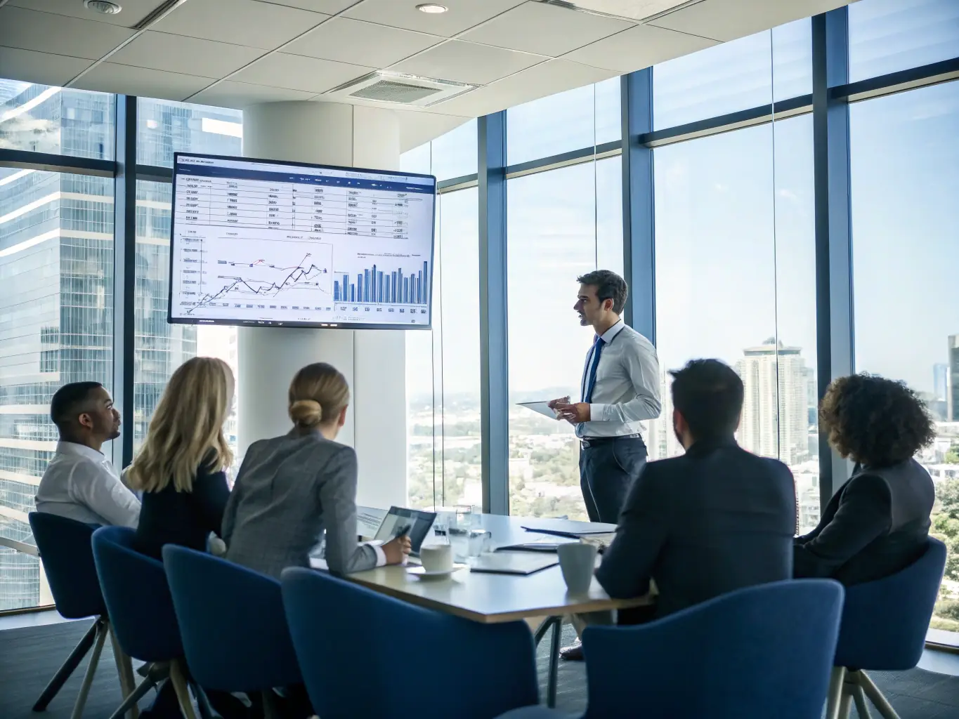 An image depicting a leader confidently presenting a strategic plan to their team, emphasizing strategic thinking and decision-making.