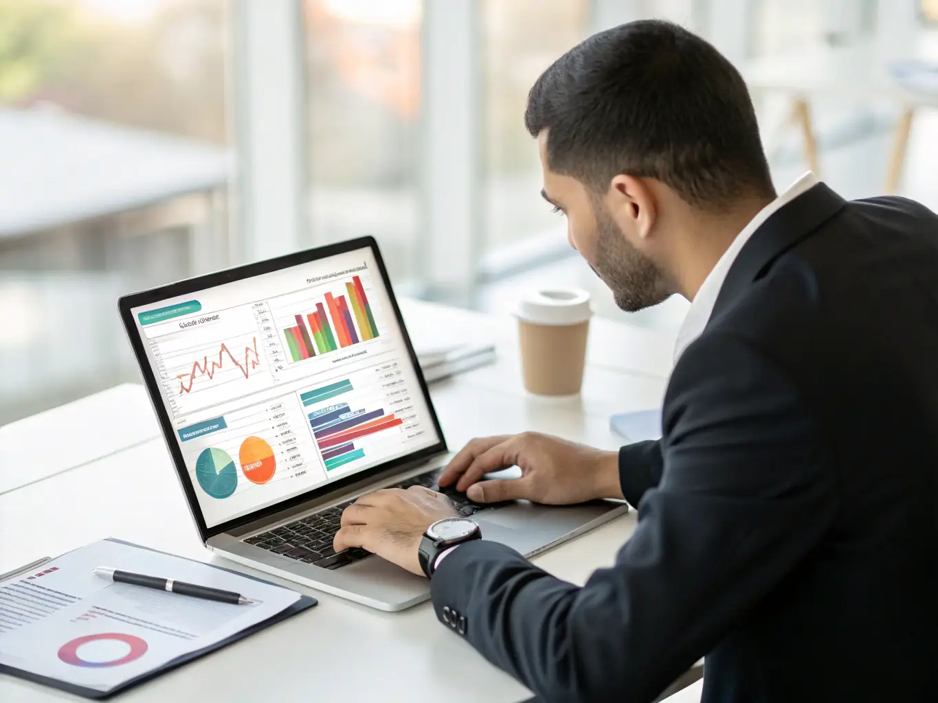 A focused image of a professional using strategic planning tools, highlighting data analysis and goal setting in a business context.