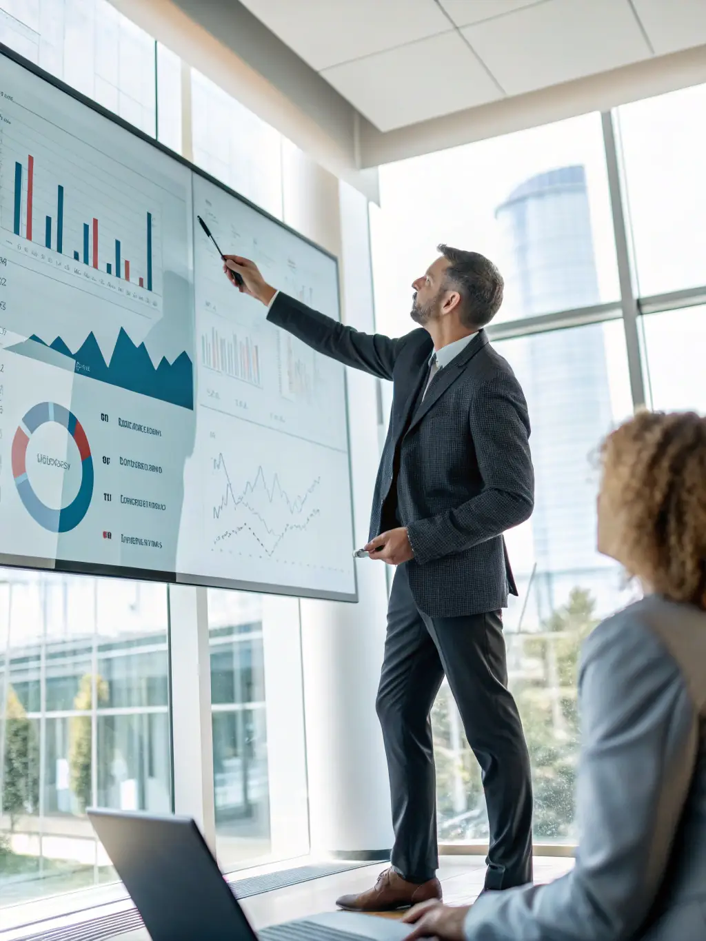 A business professional presenting data-driven insights during a performance review session, highlighting key metrics and areas for improvement.