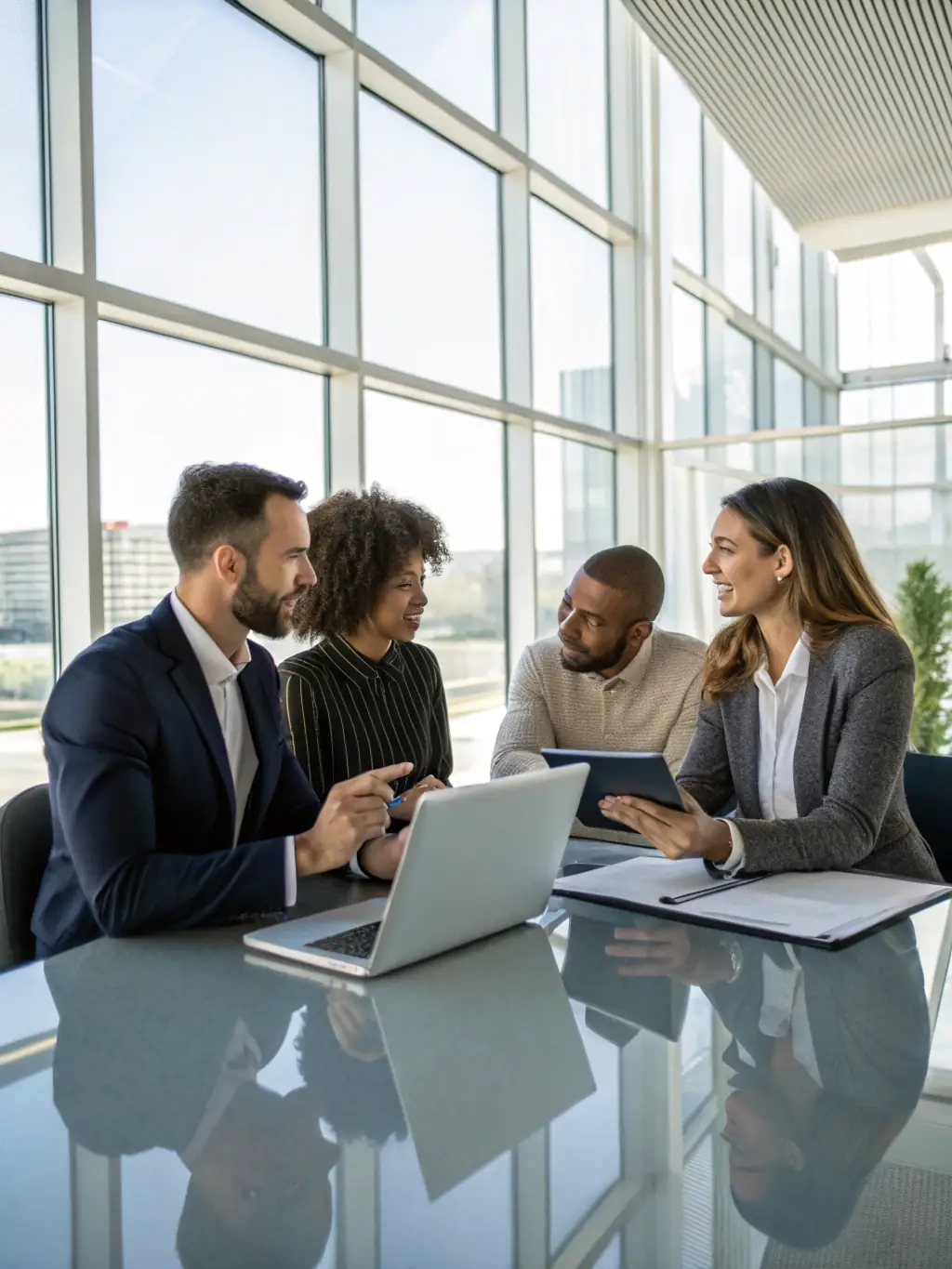 A diverse team participating in a leadership training workshop, actively engaging in a group discussion around a table.