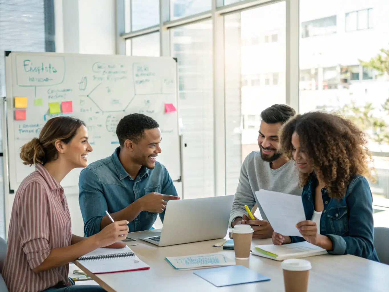A diverse group of professionals actively participating in a business training workshop, focusing on collaborative problem-solving and strategic planning.