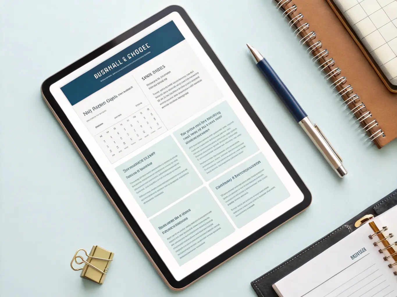 A modern and professional business plan template displayed on a tablet, showcasing key sections and financial projections. The image represents a downloadable business plan template.