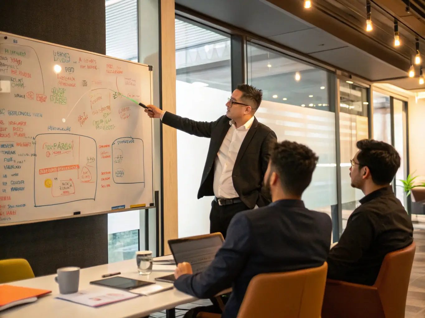 A professional in a business suit leading a workshop, gesturing towards a whiteboard filled with strategic planning notes, surrounded by engaged participants.
