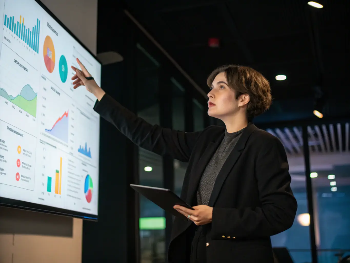 A professional woman in a business suit, confidently presenting data on a screen during a training session. The image represents a recent article on effective presentation skills.