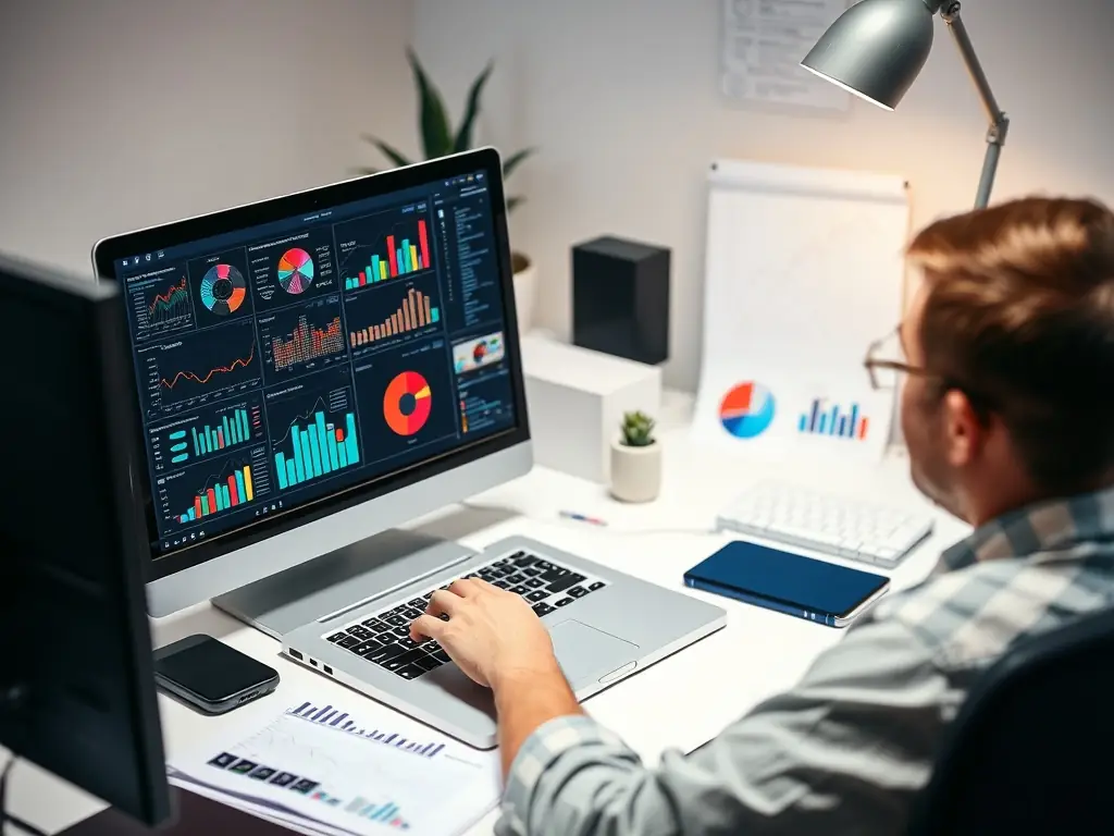 A close-up shot of a person's hands typing on a laptop, with charts and graphs visible in the background, symbolizing data analysis and decision-making.