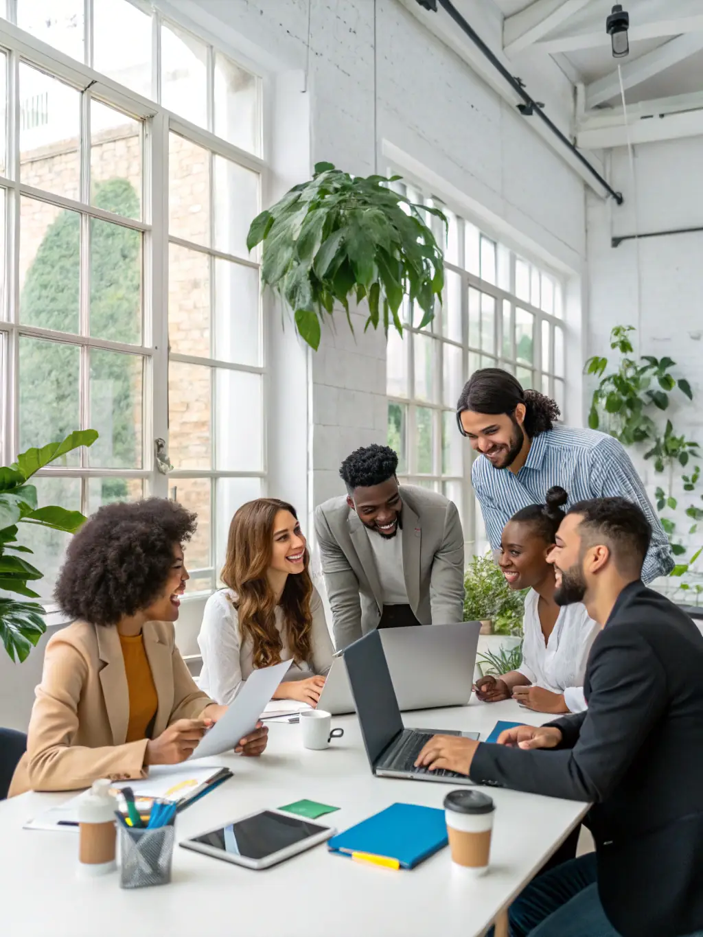 A team collaborating effectively on a project, demonstrating improved teamwork and problem-solving abilities after Legginggate's training.